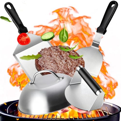 Smash Burger Kit 4 Piezas, Utensilios Barbacoa con Prensa Hamburguesas y Espátula de Cocina Set de Acero Inoxidable y Tapas Hamburguesa, para BBQ Barbacoas Plancha Superior Plana, Teppanyaki y Camping