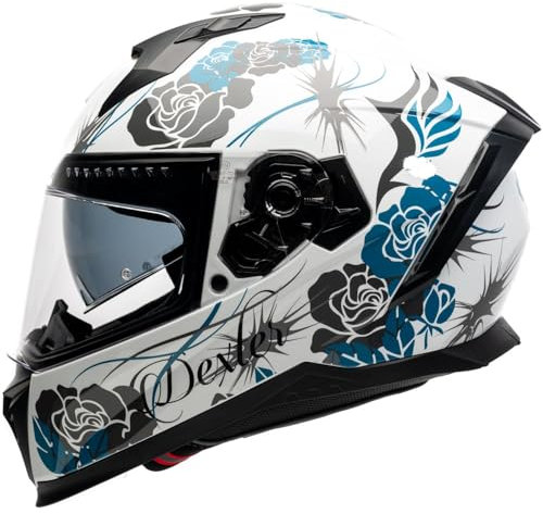 MOTOBLOUZ EROS FELINE Casque de moto intégral avec visière solaire | Homologué ECE 22.06 | Pinlock Inclus | CWTM - White/Turquoise shinny | Casque scooter