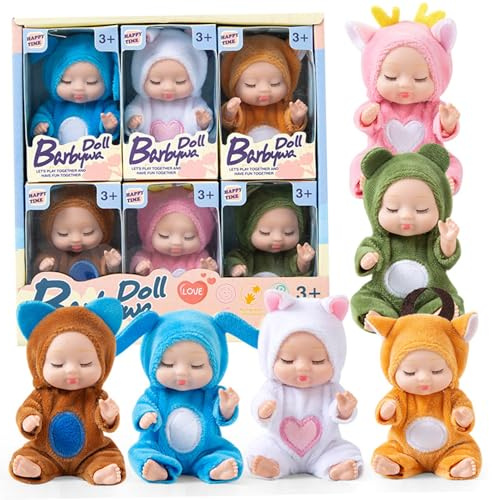 HoveeLuty Mini-Babypuppen, 6 Stück, 10 cm, winzige Babypuppe, bewegliche, realistische Babypuppe mit Tierkleidung, süße kleine für Kleinkinder, Mädchen, Kinder ab 3 Jahren, Geburtstagsgeschenke