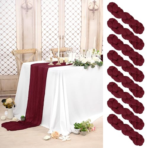 Pesonlook 8 Stück Käsetuch Tischläufer Burgunderrot Lang, 90 x 300 cm | 3 m lang, Rustikaler Gaze Stoff Boho halbtransparent Hochzeits Seihtuch Tischläufer für Hochzeit, Party, Brautparty，Bankett