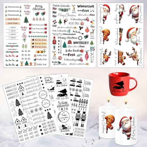 6 Stück Kerzentattoos Weihnachten, Weihnachtens kerzen folie, Kerzenaufkleber Weihnachts, Weihnachten Kerzen Dekorieren, Weihnachten Kerzen Sticker, Kerzen Dekorieren, Kerzensprüche