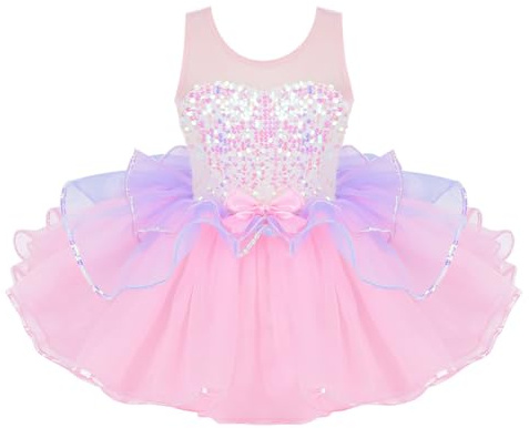 Raenseen Robe De Ballet pour Enfant Carnaval avec Paillettes Tutu Arcenciel Licorne Princesse Robe De Danse Classique Ballet Lac des Cygnes Patinage Artistique Rose 2-3 Ans