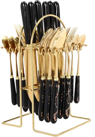 Stainless Steel Flatware Set, 24 Piece Cutlery Set with Holder, Service for 6, Spoons Forks Knives Set, Hanging Set for Restauroom Wedding Birthday Parties (Golden, Black)