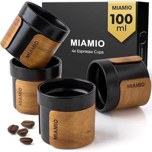 MIAMIO – Espresso Cups Set of 4 (100 ml) Japanese Tea Cups Ceramic/Handleless Mug with Removable Wooden Cuff/Coffee Cups Without Handle (Black)