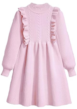 OrJana Vestito in Maglia per Bambina, Lavorato a Coste con Volant, Manica Lunga, Stile Principessa, Taglia 2-8 Anni (IT, età, 7 Anni, 8 Anni, Rosa Antico)