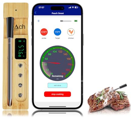 Peach Street Termómetro de Carne Inteligente Inalámbrico, Impermeable Ip68, Sonda Ultradelgada, Con Monitoreo Remoto de Barbacoa, Cocina de Precisión y Barbacoa a Través de Conexiones Digitales Blueto