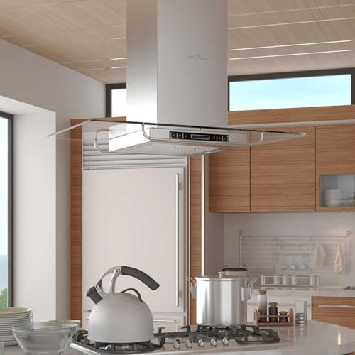 Gecheer Dunstabzugshaube, Inselhaube mit LCD-Display, 750 m³/h Ansaugleistung, Edelstahl und Glas, 90 cm Breite, für Moderne Küchen