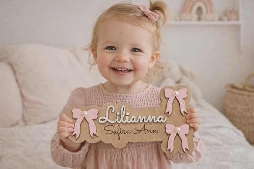 Personalised Layered Wooden Name Sign with Bow and Pearls, Hand Painted Custom Girls Bedroom Door Plaque, Nursery Door Decor, 3D Kids Room Wall Art, Playroom Decor