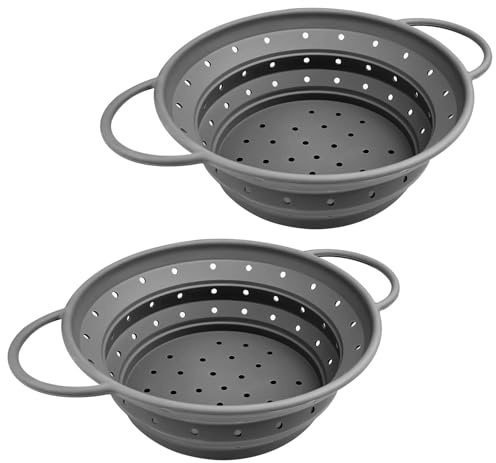 Chiluxendo 2 Piezas Escurridor Verduras con Asas, Colador de Cocina, Escurridor Plegable Silicona, Coladores Silicona, Colador Silicona Plegable para Escurrir Pasta, Verduras Frutas y Frijoles(Gris)