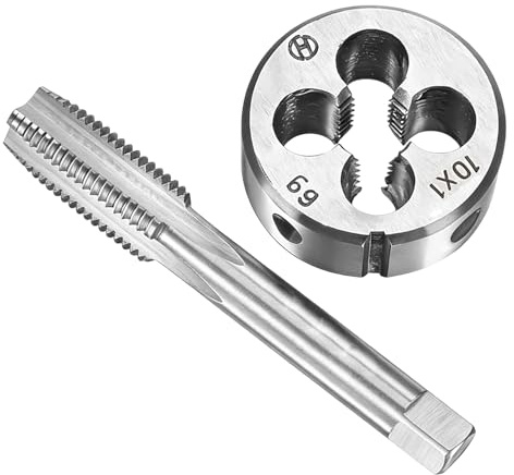 Juego de machos y troqueles métricos M10 x 1,0 paso fino, grifo de flauta recta HSS y troquel dividido redondo, juego de 2 piezas para cortar y restaurar roscas internas y externas en metales comunes