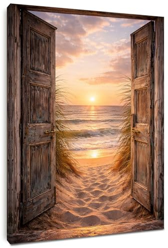 Alptiny Coastal Sunset Beach Framed Canvas Print 30x40cm – Rustic Door Ocean Wall Art with Pine Wood Frame, HD Waterproof Wall Art for Living Room, Bedroom or Office, Easy Hang