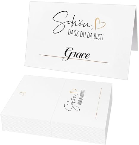 50 Stück Tischkarten Schön dass du da bist – 110x85mm Blanko Platzkarten zum selbst Beschriften, Namenskärtchen für Hochzeit, Geburtstag, Taufe & Konfirmation