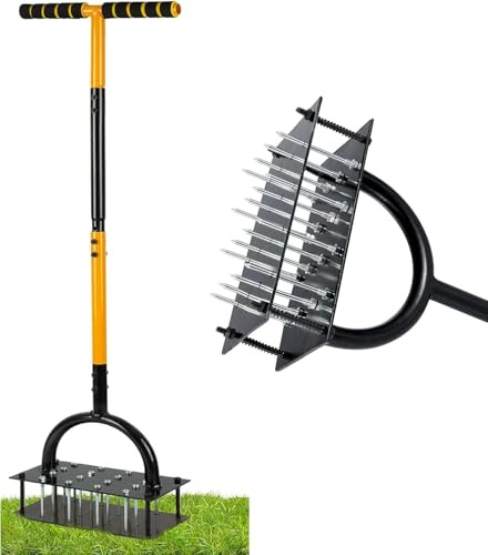ZUSKYZU Rasenlüfter Aerifizierer für Rasen– Manuelles Rasen Belüften Gerät mit Doppelplatte, 16 Spikes& 4 Federn, T-Griff Rasenspecht für Verdichtete Böden, Garten & Rasenpflege