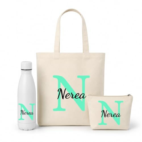 Genérico Bolsa Tote Bag Personalizada + Botella Acero Inoxidable 700 ml + Neceser Personalizado | Regalo Personalizado con Nombre e Inicial | Regalo para Mujer, Niña, Trabajo y Cumpleaños (Verde)