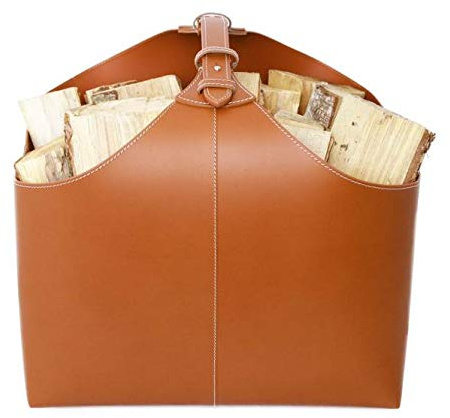 Orskov Ørskov & Co. – Leder Kaminholzkorb Thorge mit Praktischem Tragegriff – Brennholzkorb aus Leder – großer Aufbewahrungskorb für Holz, handgemacht - Cognac braun
