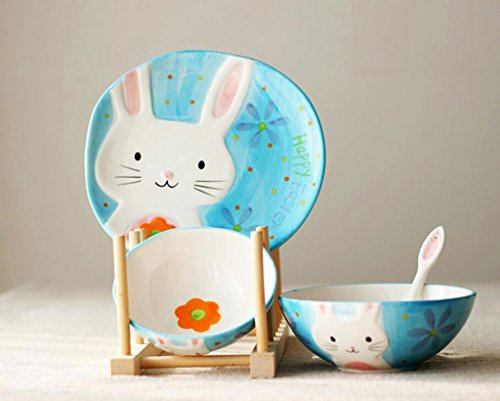 Kelly' Harvest House 4-Piece Ceramic Dinnerware Set, Kids Bowl Set,Fruit Salad-Dessert Plates, Dessert Plates Party Accessory (Color : Rabbit)