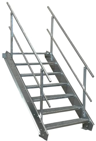 SRM Design 7 Stufen Stahltreppe Breite 140 cm verzinkt 2X Geländer | Geschosshöhe 100 - 140 cm feuerverzinkt Robuste Außentreppe Wangentreppe Stabile Industrietreppe Außenbereich
