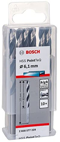Bosch Accessories 2608577229 HSS PointTeQ (6,1 x 63 x 101 mm) - Set da 10 Pezzi di Punte Elicoidali per Trapano per Metallo, Acciaio, Fusione o Plastica, Grigio (Argento), Ø 6.1 mm