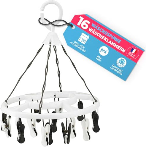 culiclean Wäschespinne Camping klein mini faltbar Wäscheständer klein Sockenspinne Sockentrockner mit Wäscheklammern Hängetrockner für Balkon Reise platzsparend weiß mit schwarz weiß