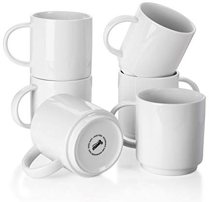Sweese 10 Oz Stackable White Coffee Mug, Porcelain Coffee Mugs Sets of 6, Coffee Cups with Handle for Specialty Coffee Drinks, Cappuccino, Cafe Mocha, Latte and Tea, White