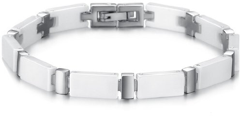 JewelryWe Schmuck Herren Damen Armband Keramik Edelstahl Kreuz Link Charm Armreif Armkette, Weiß Schwarz Silber