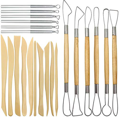 AIFUDA Herramientas para esculpir arcilla de cerámica, 22 piezas de herramientas de tallado de cerámica con mango de madera y herramientas de modelado de arcilla de plástico y metal, para escultura