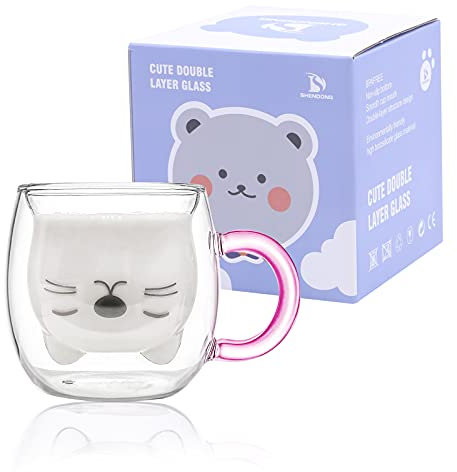 SHENDONG Süße Katzentasse Nette Tassen Katze Tee Kaffeetasse mit Griff 8.5oz Milchtasse für persönlichen Geburtstag, Valentinstag und Büro (Rosa Griff)