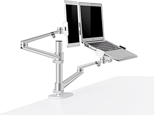 Thingy Club 2-in-1 Dual-Arm-Tablet- und Laptop-Halterung, für Tablets bis zu 30.5 - 43.2 cm (12 - 17 Zoll) und Laptops, extra VESA-Adapter bis zu 68 cm (27 Zoll) Bildschirmdiagonale (silberfarben)