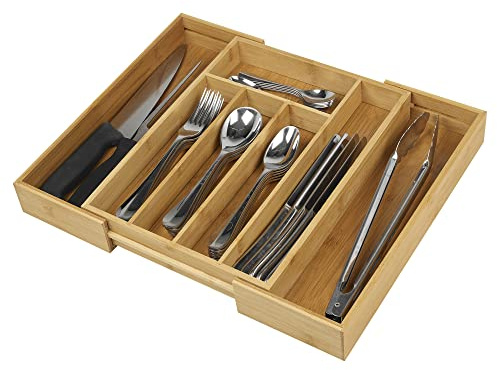 URBNLIVING Wooden Bamboo Expandable Cutlery Tray, Kitchen Drawer Insert Box Storage Organiser, 5/7 Compartments (7 Compartments (Expandable))