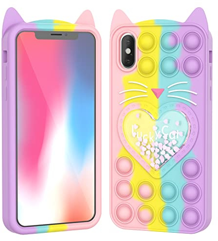 Asgens Zappeln Pop Hülle für iPhone X/XS, Niedlich Karikatur Glückliche Katze Treibsand Bling Sterne Drücken Luftblasen Stoßfeste Silikonhülle für Apple iPhone X/XS 5.8 Zoll