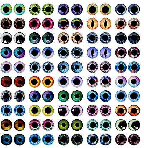 100 Pcs 12MM Dragon Eyes Glass Cabochon Eyes, Colorful Glass Eyes for Crafts, 50 Style Cat Owl Bird Human Pupil Eyes for Doll Art Making Jewelry Making DIY Crafts Easter Christmas Decoration