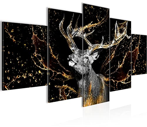 Runa Art Bild Wohnzimmer Schlafzimmer Hirsch 5 Teilig Tiere Schwarz Gold Wandbilder auf Vlies Leinwand 042453a
