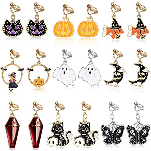 HIFOT 9 Paare Halloween Ohrringe Damen Mädchen Ohrclips Set Ohrringe Silber mit Gothic Schädel Skelett Kürbis Katze Goldfisch Sarg Schmetterling Schmuck Zubehör Ohrclips für Nicht Durchbohrte