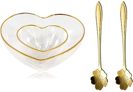 soulnioi Lot de 2 bols en cristal en verre transparent en forme de cœur avec cuillère à café Sakura pour fruits, salade, dessert, crème glacée
