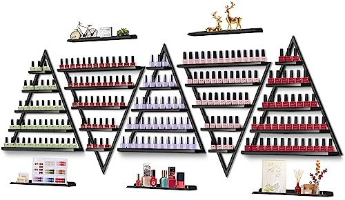 Kalolary 10 Pezzi Porta Smalto per Unghie Parete in Metallo, Espositore Triangolare Dorato 5 Livelli Espositore Cosmetici Rossetto Profumo Mensola Muro Organizzatori Olio Casa Spa Salone Unghie (Nero)