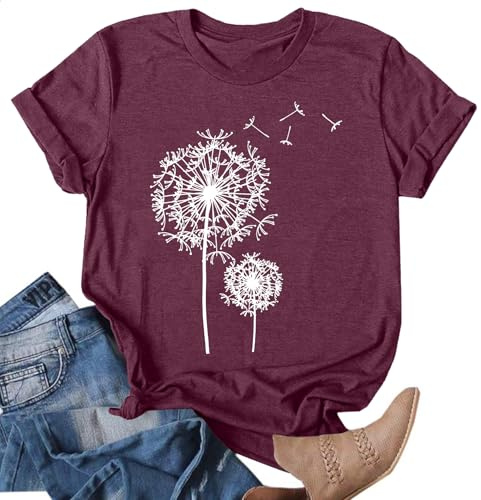 Maglietta da donna con motivo di dandelion, motivo floreale estivo, per il tempo libero, a maniche corte, Lilla, L
