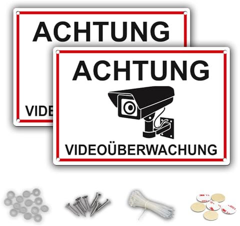 2 x Schilder Videoüberwachung | 30 x 20 cm PVC | Wasserfester Druck | Inklusive Allen Befestigungszubehör | Für Drinnen und Draußen geeignet