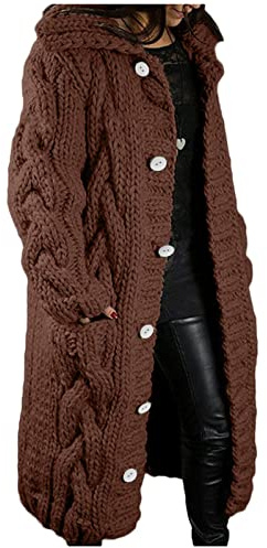 Zeiayuas Cardigan Femme en Grosse Maille Manteau en Polaire tricoté avec Chapeau Long Manteau en Tricot à Boutons Pull en Tricot à Manches Longues Chaud Open Front Uni Veste 2023