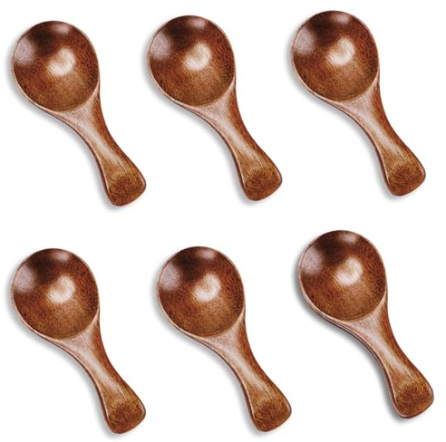 Hefild 6pcs Small Wooden Spoons, 3.2inch Small Wooden Spoons for Honey, Brown Mini Wood Teaspoons for Tiny Eating Ice Cream Jars Spice Condiments Tea Bath Salt Coffee Sugar Jam Mustard Seasoning