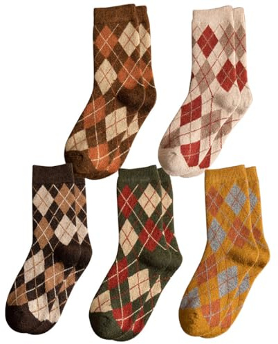 Kapmore 5 paia di calzini da donna autunnali traspiranti vintage stampati elastici per abito Crew spessi calzini casual fantasia, Multicolore, ML
