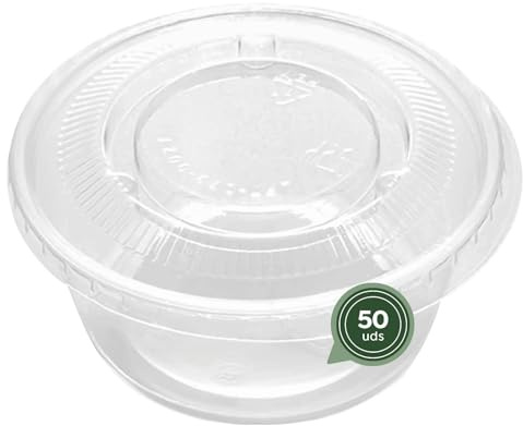 MAXI PRODUCTS - 50 Salseras Transparentes con Tapa Transparente - Botes de Plástico Reutilizables con Tapa para Salsas - Tarrinas Transparentes 100 cc - Envases para Salsas - EXTRA RESISTENTES