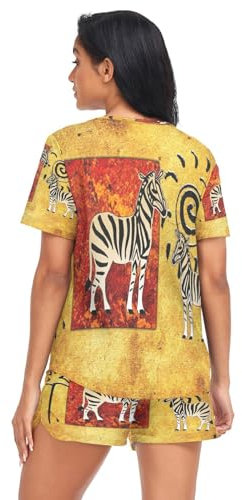 HMZXZ Damen Schlafanzug-Set Afrika Retro Zebra Sommer Pyjama Woman Set,Tier Loungewear und Shorts Lounge Set Sleepwear Nachtwäsche