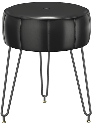 YMYNY Rund pall pumpa ottoman, justerbar 360° vaxad läderyta stol för sovrum, vardagsrum – 32 x 32 x 44 cm svart HBD036B