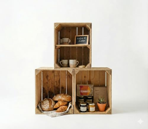 Teramico gebrauchte Vintage Obstkisten (3er Set | 1 x Ablage Kurz) | Gereinigte Kisten aus dem Obstanbau (50x40x30cm): massiv, stabil, sortiert und wahlweise auch mit geflammtem Zwischenboden!
