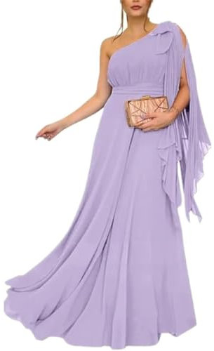 SAYNO Vestido de dama de honor de gasa con un hombro descubierto, largo, plisado, vestido de invitada de boda con lazo, Lila, 44