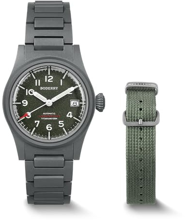 BODERRY Herren 38 mm Titan Uhr Automatik Militär Tag/Datum Funktion 100M Wasserdicht Nylonband Japanisches NH35 Uhrwerk Verschraubte Krone - LANDMASTER