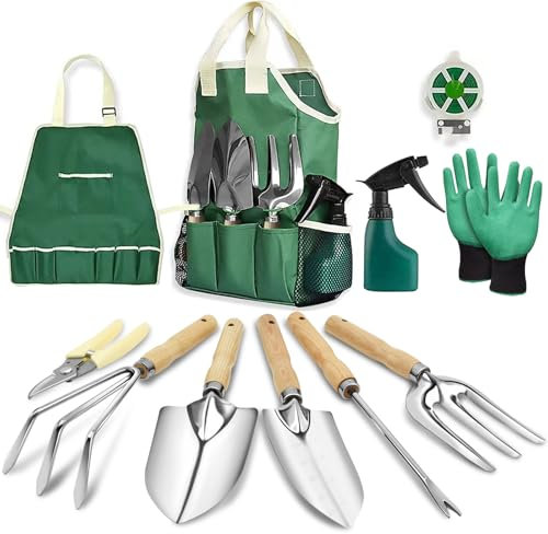 JNUYISW Ensemble d'outils de Jardin, 11 Pièces Acier Inoxydable Outils de Jardinage avec Poignée en Bois Antidérapante Kit Jardinage avec Sac de Rangement Cadeaux Jardinage pour Homme Femme