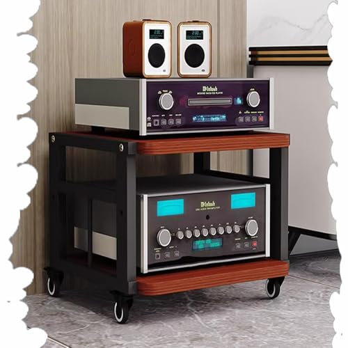 IMUNKT HiFi-Rack, AV-Medienständer Mit Rollen, 3/4/5-stufiger Audio-Video-Regal Verstärker Rack, Holz-Stereoschrank, Verstellbare Regale, CD-Player-Ständer Für Heimkino/Büro(Black+Teak,2 Tier)