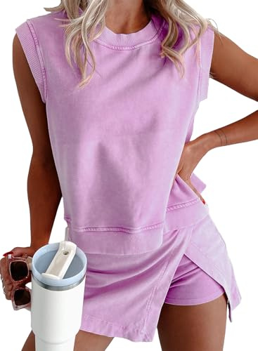 KevaMolly Women 2pc Mineral Wash Athletic Lounge Tank Skirt Set Orchid S
