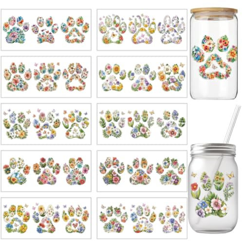arricraft 10 Stück Buntes Pfotenabdruck Motiv UV Transferpapier Für Tassendruck 10 Stile Pflanze Blumen Pfotenabdruck Silhouette PVC DIY Wärmeübertragung Aufkleber Für 16 OZ Glas Tassen Handwerk